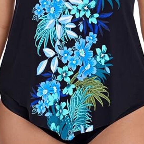 Tankini Top 22W Black Blue Floral V-Neck Built in Shelf Bra Trimshaper Plus Size - Picture 3 of 5
